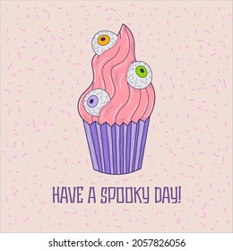 Vector hand drawn halloween card with spooky cupcake with eyes - vector illustration, eps stock illustration