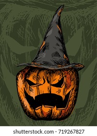 vector hand drawn halloween card with pumpkin 
