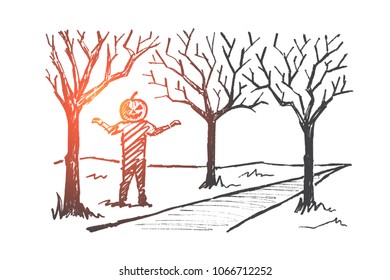Vector hand drawn Halloween concept sketch. Man with head made of big pumpkin standing near autumn alley ready to frighten
