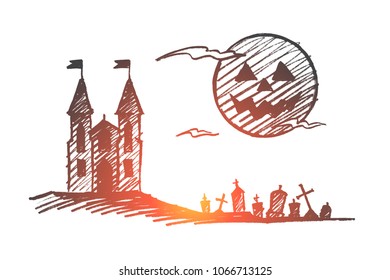 Vector hand drawn Halloween concept sketch. Halloween castle on hill, cemetery with graves and memorials and big full moon with scary face in sky