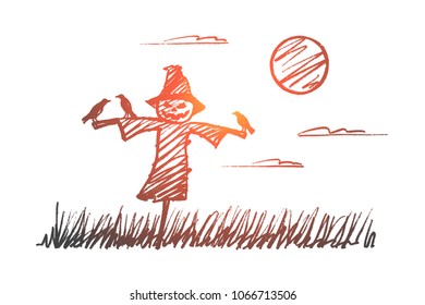 Vector hand drawn Halloween concept sketch. Scarecrow made of sticks and pumpkin with scary face and little crows sitting on its hands during full moon at night