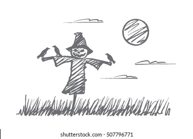 Vector hand drawn Halloween concept sketch. Scarecrow made of sticks and pumpkin with scary face and little crows sitting on its hands during full moon at night