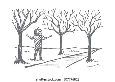 Vector hand drawn Halloween concept sketch. Man with head made of big pumpkin standing near autumn alley ready to frighten