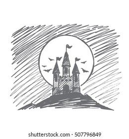 Vector hand drawn Halloween concept sketch. Halloween count Dracula castle on hill at night, flying bats and big full moon at background