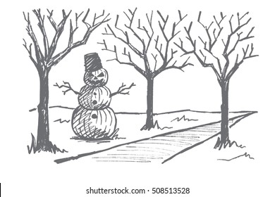 Vector hand drawn Halloween concept sketch. Snowman made of three pumpkins with scary mans face, bucket on head and dry tree twigs as hands standing near autumn alley