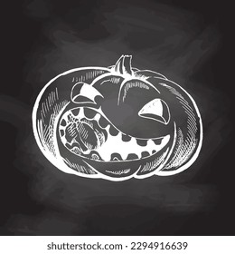 Vector hand drawn Halloween  Illustration. Detailed retro style hand-drawn funny and scary pumpkin sketch isolated on chalkboard  background. Vintage sketch element for labels, packaging.