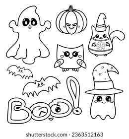 vector hand drawn Halloween kawaii coloring book illustration set