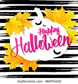 vector hand drawn halloween lettering greetings text - happy halloween - with leaves and paper bat on watercolor striped background.