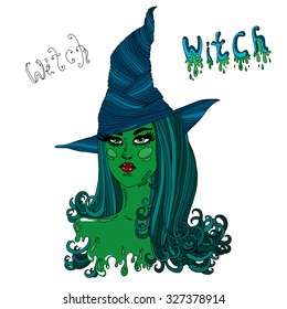 Vector hand drawn Halloween portrait of a witch. Girl witch with green skin and hair, dark blue high hat. Halloween costume party. Isolated on a white background