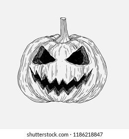 Vector hand drawn Halloween pumpkin with evil scary smile. Graphic sketch for posters, tattoo, clothes, t-shirt design, pins, patches, badges, stickers.