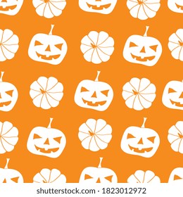 Calabazas de Halloween dibujadas a mano vectora, combinación de colores de moda naranja y blanco. Feliz o espantoso, regular y sin fisuras, dos colores. Decoración de Halloween, tela, tarjetas.