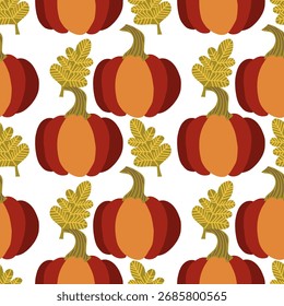 Vector hand drawn Halloween seamless pattern with fall leaves and pumpkins.	
