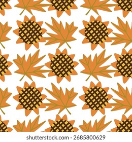Vector dibujado a mano Halloween sin patrón con hojas de otoño y girasoles.	