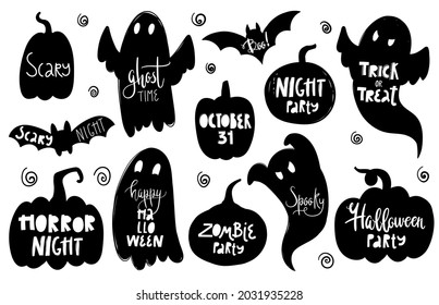 Vector hand drawn halloween set with silhouettes and lettering. Flying ghost spirit, pumpkin. Happy Halloween. Vector design for greeting card and invitation of seasonal fall holidays, halloween.