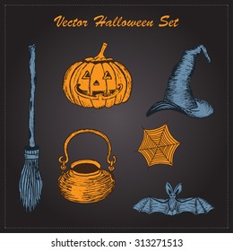 vector hand drawn halloween set on dark background. EPS