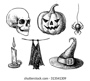 Vector Hand Drawn Halloween Set. Vintage Illustration. Great For Party Invitation Cards And Other Decor
