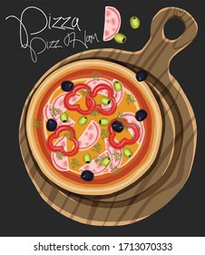 pizza de jamón dibujada a mano vectorial en la mesa