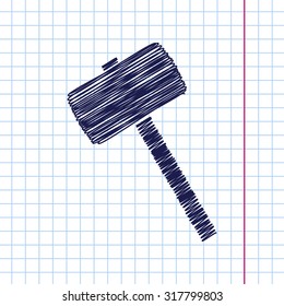 Vector hand drawn hammer icon on copybook 
