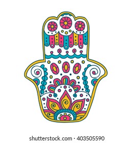 Vector hand drawn hamsa with doodle ornament. Amulet with ethnic floral design. Good luck amulet. Isolated. Pink, yellow and blue colors.