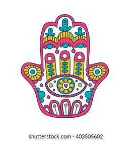 Vector hand drawn hamsa with doodle ornament. Hand of Fatima. Amulet with ethnic design. Isolated. Pink, yellow and blue colors.