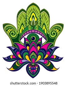 Vector hand drawn hamsa with ethnic ornaments.Lotus symbol
