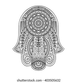 Vector hand drawn hamsa with floral ornament. Amulet with ethnic design. Good luck amulet. Isolated. Outline. Black and white. Coloring page for adult.