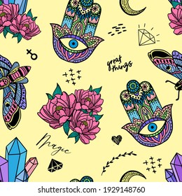 Vector hand drawn hamsa hand pattern. Indian hand drawn hamsa background