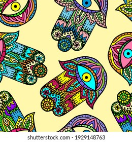 Vector hand drawn hamsa hand pattern. Indian hand drawn hamsa background