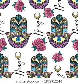 Vector hand drawn hamsa hand pattern. Indian hand drawn hamsa background