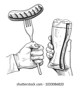 Vector hand drawn hands with beer weizen glass and sausage on the fork. Vintage engraving style.