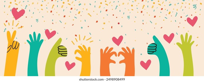 Vector hand drawn hands gesture with heart and fireworks on white background. International Friendship day illustration for banner design background