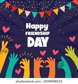 Vector hand drawn hands gesture with heart,flags and fireworks on blue background. International friendship day