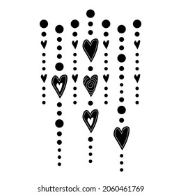 Vector hand drawn hanging hearts in boho style. Illustration in black and white isolated on white background