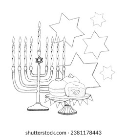 Vector hand drawn Hanukkah symbols with menorah, candles, stars of David and donuts black and white ink illustration