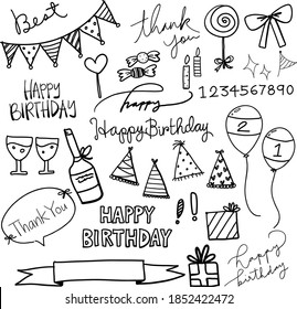 Vector hand drawn happy birthday celebration party thank you hand writing clip art set 