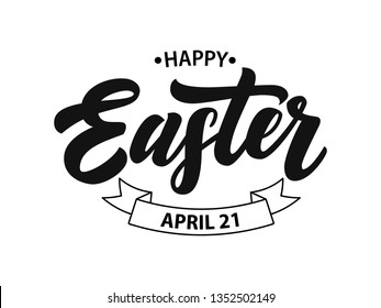 Vector hand drawn Happy Easter logotype. Script lettering typography with ribbon on white background. Festive illustration for poster, flyer, party invitation, tee, badge, icon