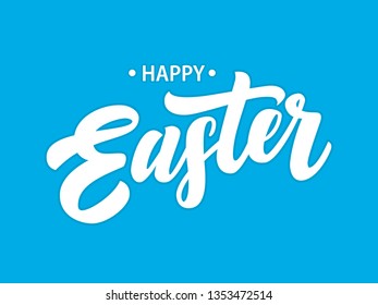 Vector hand drawn Happy Easter logotype. Script lettering typography on blue background. Festive illustration for poster, flyer, party invitation, tee, badge, icon