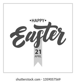 Vector hand drawn Happy Easter logotype. Sketched lettering typography with frame, date and sticker on white background. Festive design for poster, flyer, invitation, season greeting, badge, icon