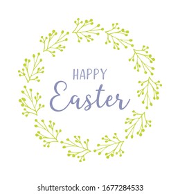 Vector hand drawn Happy Easter quote with green wreath. Holiday lettering 

