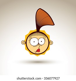 Vector hand drawn happy girl with fashionable hairdo. Facial expression theme graphic element isolated. Social conversation idea cartoon drawing.