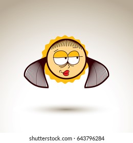 Vector hand drawn happy girl with fashionable hairdo. Facial expression theme graphic element isolated. Social conversation idea cartoon drawing.