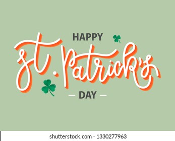 Vector hand drawn Happy St. Patrick’s Day logotype. Monoline 3d lettering typography with shamrocks on green background. Festive design for tee, poster, flyer, party invitation, card, badge, icon