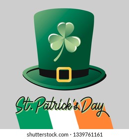 Vector hand drawn Happy St. Patrick’s Day logotype. Lettering with tricolor, shamrock and leprechaun's hat. Festive design for tee, poster, flyer, party invitation, card, badge, icon