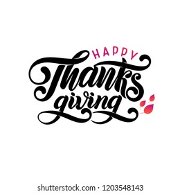 Vector Hand drawn Happy Thanksgiving typography logo. Celebration quote for greeting card. Vector hand written autumn calligraphy. Lettering text Thanksgiving, fallen leaves in ellipse shape