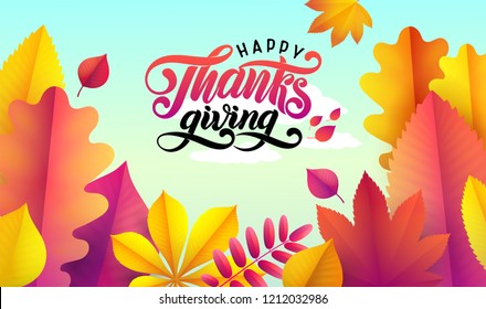 Vector Hand drawn Happy Thanksgiving typography poster. Celebration quote for greeting card. Festive vintage style autumn calligraphy. Lettering text Thanksgiving, fallen leaves on white background