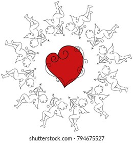 Vector hand drawn Happy Valentines Day card. Abstract romantic banner with cupids and heart. Wedding invitation pattern.