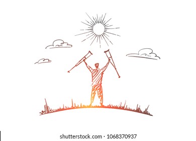 Vector hand drawn healing concept sketch. Happy man standing under the Sun and holding needless crutches on raised hands.