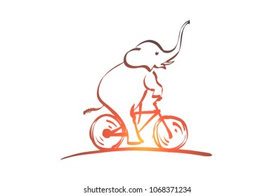 Vector hand drawn health time concept sketch. Elephant riding bicycle.