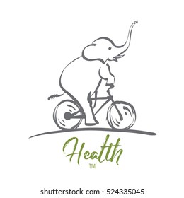 Vector hand drawn health time concept sketch. Elephant riding bicycle. Lettering Health time