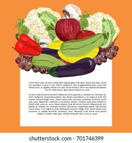 Vector. Hand drawn. Healthy eating vector concept. Vegan. Template. Realistic apple banana grape eggplant squash champignon red pepper cauliflower.